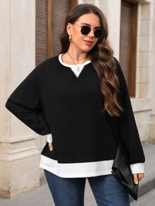 EMERY ROSE Plus Size Casual Soft Form Racing Minimalist Colorblock 2 In 1 Sweatshirt Semi Formal Office Vacation Formal Teacher Black And White Autumn Fall - Black - View 7