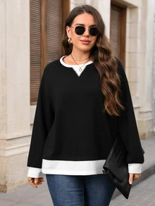 EMERY ROSE Plus Size Casual Soft Form Racing Minimalist Colorblock 2 In 1 Sweatshirt Semi Formal Office Vacation Formal Teacher Black And White Autumn Fall - Black - View 5