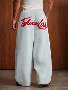 TOKVUE Men's FREEDOM Embroidered Loose Sweatpants, Colorblock Design, Suitable For Autumn, Street Style, Urban Casual Wide Leg Pants For Music Festivals And Nightclubs - Light Grey - View 1