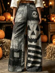 Breezaya Halloween Women's Pumpkin Lantern Spider Web Wide Leg Pants Drawstring Retro Printed Trousers Fall - Multicolor - View 2