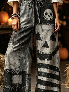 Breezaya Halloween Women's Pumpkin Lantern Spider Web Wide Leg Pants Drawstring Retro Printed Trousers Fall - Multicolor - View 3