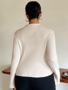 Dazy Plus Solid Color Casual Zip-Up Fitted Sweater, White Versatile Cardigan For Autumn/Winter - Apricot - View 9