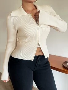 Dazy Plus Solid Color Casual Zip-Up Fitted Sweater, White Versatile Cardigan For Autumn/Winter - Apricot - View 6