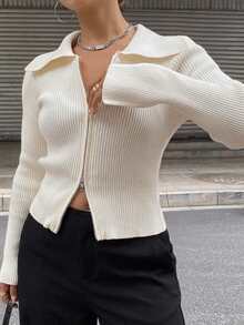 Dazy Plus Solid Color Casual Zip-Up Fitted Sweater, White Versatile Cardigan For Autumn/Winter - Apricot - View 1