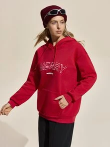 SHEIN Sports Women's Letter Print Drop Shoulder Long Sleeve Drawstring Hooded Outdoor Sweatshirt - Red - View 4