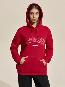 SHEIN Sports Women's Letter Print Drop Shoulder Long Sleeve Drawstring Hooded Outdoor Sweatshirt - Red - View 6