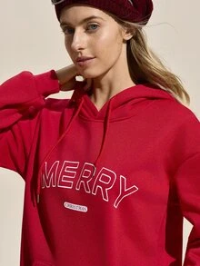 SHEIN Sports Women's Letter Print Drop Shoulder Long Sleeve Drawstring Hooded Outdoor Sweatshirt - Red - View 3