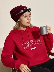 SHEIN Sports Women's Letter Print Drop Shoulder Long Sleeve Drawstring Hooded Outdoor Sweatshirt - Red - View 2