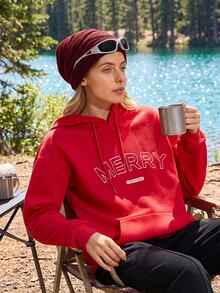 SHEIN Sports Women's Letter Print Drop Shoulder Long Sleeve Drawstring Hooded Outdoor Sweatshirt - Red - View 1