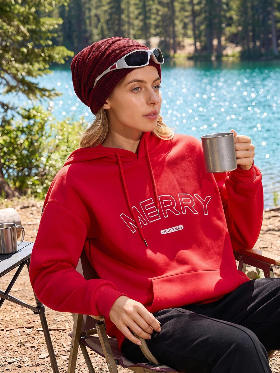 SHEIN Sports Women's Letter Print Drop Shoulder Long Sleeve Drawstring Hooded Outdoor Sweatshirt - Red - View 1