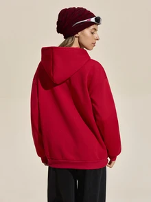 SHEIN Sports Women's Letter Print Drop Shoulder Long Sleeve Drawstring Hooded Outdoor Sweatshirt - Red - View 5