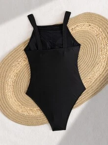 SHEIN Swim 1pc Solid Color Ruched Tummy Control One-Piece Swimsuit For Women For Summer Beach Vacation - Black - View 2