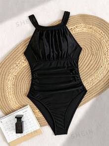 SHEIN Swim 1pc Solid Color Ruched Tummy Control One-Piece Swimsuit For Women For Summer Beach Vacation - Black - View 3