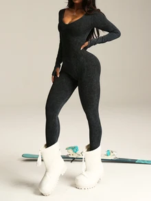 Slayform Slayform 1pc Women's Charcoal Gray Distressed Washed V-Neck Twist Back Yoga Jumpsuit,Autumn Athleisure Long Sleeve Thumb Hole Seamless Gym Bodysuit - Black - View 7
