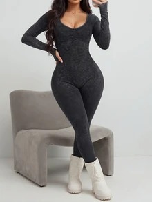 Slayform Slayform 1pc Women's Charcoal Gray Distressed Washed V-Neck Twist Back Yoga Jumpsuit,Autumn Athleisure Long Sleeve Thumb Hole Seamless Gym Bodysuit - Black - View 2