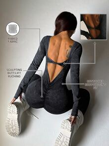 Slayform Slayform 1pc Women's Charcoal Gray Distressed Washed V-Neck Twist Back Yoga Jumpsuit,Autumn Athleisure Long Sleeve Thumb Hole Seamless Gym Bodysuit - Black - View 4