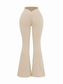 Slayform Slayform Women's Solid Color Minimalist Slim Fit Ribbed Sweatpants, Casual For Daily Wear - Khaki - View 5