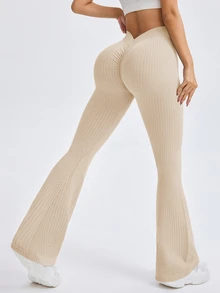 Slayform Slayform Women's Solid Color Minimalist Slim Fit Ribbed Sweatpants, Casual For Daily Wear - Khaki - View 3