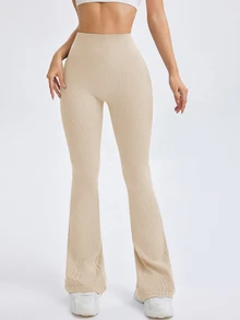 Slayform Slayform Women's Solid Color Minimalist Slim Fit Ribbed Sweatpants, Casual For Daily Wear - Khaki - View 7