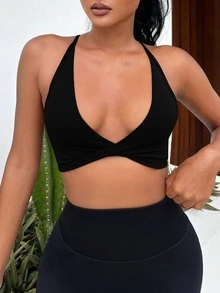 Slayform Slayform Twist Front Crisscross Backless Crop Sports Going Out Bra - Black - View 3