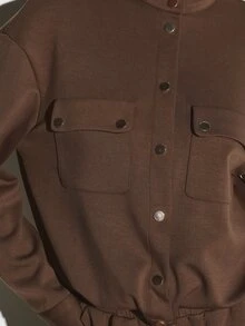 KSTM Utility Jacket With Stand Collar Gold Snap Buttons Patch Chest Pockets Long Sleeves Relaxed Fit Fall Winter Outerwear - Brown - View 6