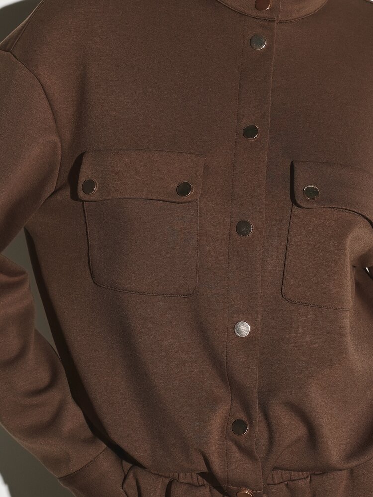 KSTM Utility Jacket With Stand Collar Gold Snap Buttons Patch Chest Pockets Long Sleeves Relaxed Fit Fall Winter Outerwear - Brown - View 6