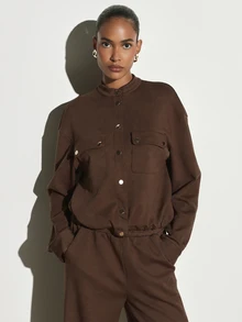 KSTM Utility Jacket With Stand Collar Gold Snap Buttons Patch Chest Pockets Long Sleeves Relaxed Fit Fall Winter Outerwear - Brown - View 1