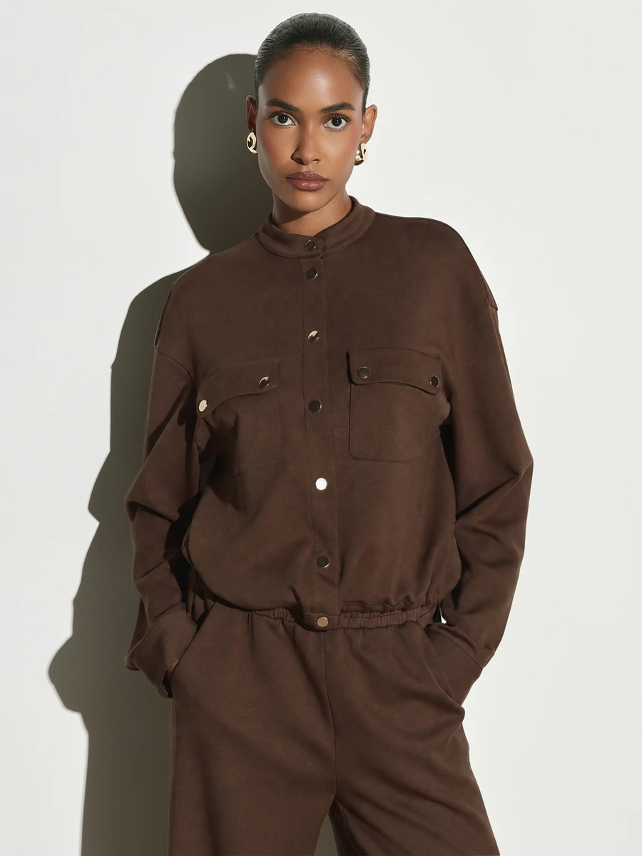 KSTM Utility Jacket With Stand Collar Gold Snap Buttons Patch Chest Pockets Long Sleeves Relaxed Fit Fall Winter Outerwear - Brown - View 1
