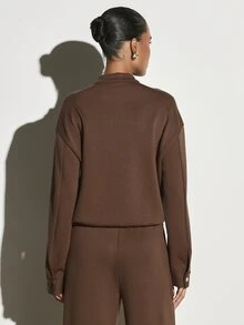 KSTM Utility Jacket With Stand Collar Gold Snap Buttons Patch Chest Pockets Long Sleeves Relaxed Fit Fall Winter Outerwear - Brown - View 2