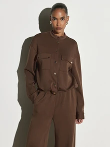 KSTM Utility Jacket With Stand Collar Gold Snap Buttons Patch Chest Pockets Long Sleeves Relaxed Fit Fall Winter Outerwear - Brown - View 4
