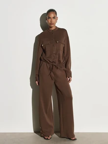 KSTM Utility Jacket With Stand Collar Gold Snap Buttons Patch Chest Pockets Long Sleeves Relaxed Fit Fall Winter Outerwear - Brown - View 3