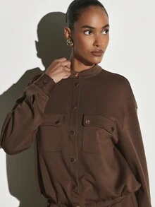 KSTM Utility Jacket With Stand Collar Gold Snap Buttons Patch Chest Pockets Long Sleeves Relaxed Fit Fall Winter Outerwear - Brown - View 5