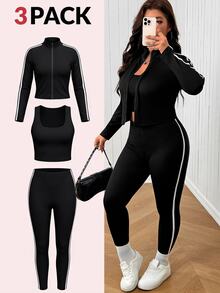 SHEIN EZwear Plus Size Cropped Jacket & Leggings 2pcs Set Fall - Black - View 7