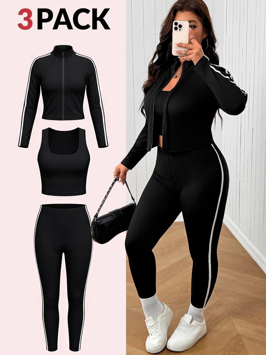 SHEIN EZwear Plus Size Cropped Jacket & Leggings 2pcs Set Fall - Black - View 1