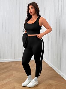 SHEIN EZwear Plus Size Cropped Jacket & Leggings 2pcs Set Fall - Black - View 2