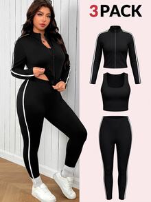 SHEIN EZwear Plus Size Cropped Jacket & Leggings 2pcs Set Fall - Black - View 4