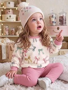 Baby Girl Casual Minimalist Loose Crew Neck Sweatshirt And Elastic Waist Pants Set, Suitable For Autumn/Winter - Multicolor - View 1