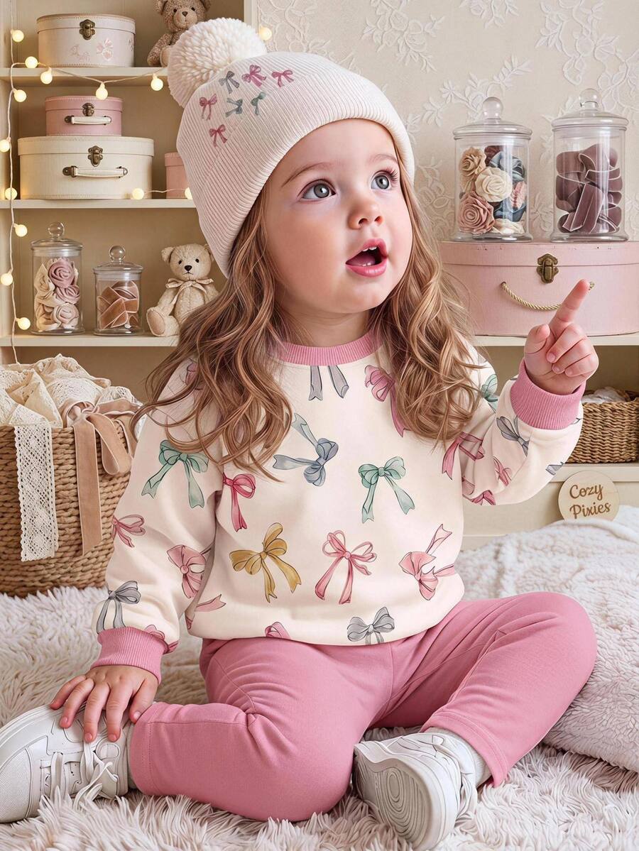 Baby Girl Casual Minimalist Loose Crew Neck Sweatshirt And Elastic Waist Pants Set, Suitable For Autumn/Winter - Multicolor - View 1