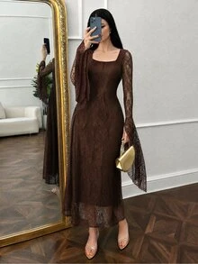 Modelyn Gaun Panjang Wanita Model Slimming dengan Hiasan Renda dan Potongan Pinggang yang Mengencangkan serta Manset Lengan yang Longgar - Kopi - View 6