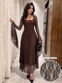 Modelyn Gaun Panjang Wanita Model Slimming dengan Hiasan Renda dan Potongan Pinggang yang Mengencangkan serta Manset Lengan yang Longgar - Kopi - View 7