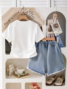 Summer,Bohemian,Squishy,Tween Girls Bow Decor Round Neck Short Sleeve T-Shirt And Denim Shorts Set, Short Sleeve Top And Shorts, Casual Minimalist Top Shorts, Summer Tween Girl Clothes Set, Tween Girl Casual Sets,Squishy , Tween Girl Outfits Set Summer Outfit Inspo Casual Summer Outfits Outfit Summer Outfit For Girls - Multicolor - View 3