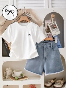 Summer,Bohemian,Squishy,Tween Girls Bow Decor Round Neck Short Sleeve T-Shirt And Denim Shorts Set, Short Sleeve Top And Shorts, Casual Minimalist Top Shorts, Summer Tween Girl Clothes Set, Tween Girl Casual Sets,Squishy , Tween Girl Outfits Set Summer Outfit Inspo Casual Summer Outfits Outfit Summer Outfit For Girls - Multicolor - View 4