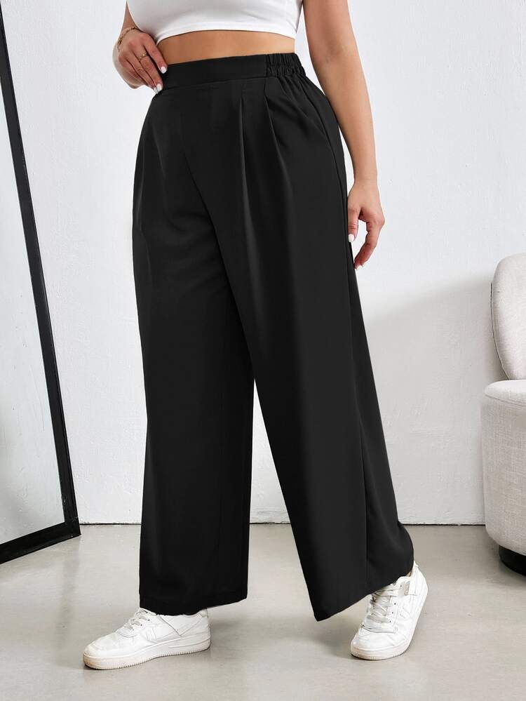 Auralis Women's Plus Size Wide Waistband Black Wide Leg Pants Spring To Summer Fall - Black - View 6