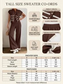 SHEIN Tall Size Women Brown Solid Color Striped Single-Breasted Bat Short Sleeve Cardigan Knit Long Pants - Brown - View 3