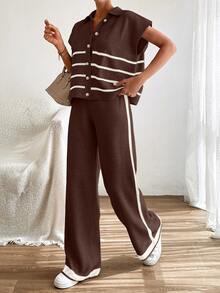SHEIN Tall Size Women Brown Solid Color Striped Single-Breasted Bat Short Sleeve Cardigan Knit Long Pants - Brown - View 6