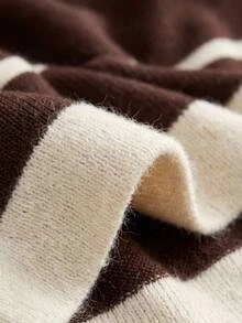 SHEIN Tall Size Women Brown Solid Color Striped Single-Breasted Bat Short Sleeve Cardigan Knit Long Pants - Brown - View 5
