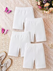 SHEIN 女童 4件組純色單車短褲休閒穿著 女童短褲 女童褲 - 白色 - 查看 5