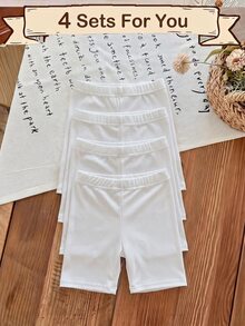 SHEIN 女童 4件組純色單車短褲休閒穿著 女童短褲 女童褲 - 白色 - 查看 3
