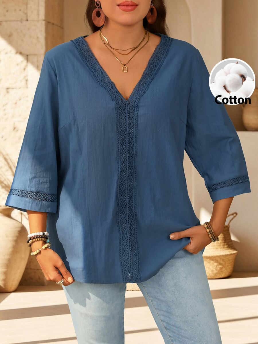EMERY ROSE Plus Size Teachers' Day Casual Elegant Traditional Lace Patchwork Shirt Office Evening Powder Blue Summer - Blue - View 1