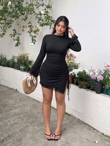 GalTyme Plus Size Solid Color Lace Patchwork Side Slit Dress Fall - Black - View 3